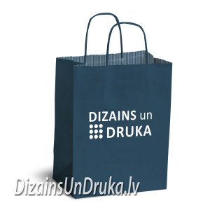 Dark blue paper bag with twisted handles and Dizains un Druka logo