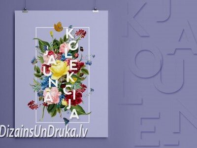 Plakātu dizains ar ziedu motīviem un uzrakstu Jaunā kolekcija uz violeta fona