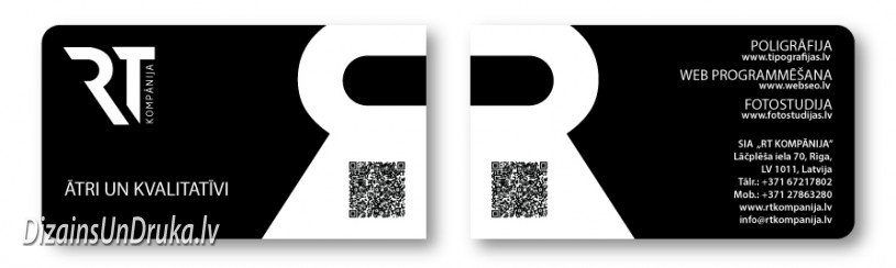 Melnbaltas vizītkartes ar Soft Touch laminātu un QR kodu