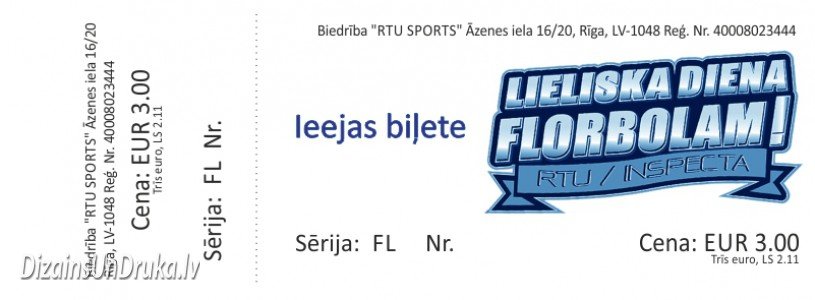 Biļešu izgatavošanas piemērs - florbola ieejas biļete ar perforāciju