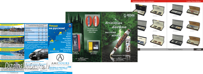 Brochure production samples: travel guide, advertising brochure and product catalog