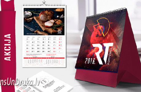 Sienas un galda kalendāri ar sarkanu lenti un uzrakstu akcija