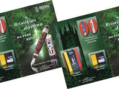 Divi krāsaini bukleti ar pildspalvu reklāmu – bukletu izgatavošanas paraugs