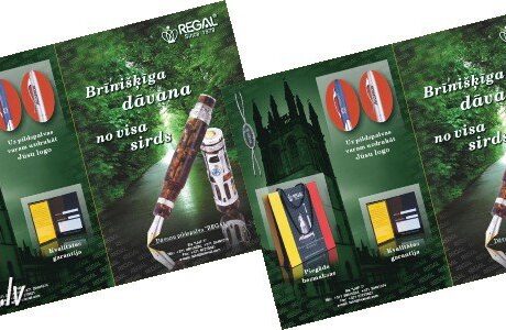 Divi krāsaini bukleti ar pildspalvu reklāmu – bukletu izgatavošanas paraugs