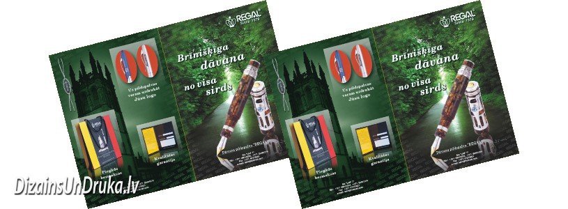 Divi krāsaini bukleti ar pildspalvu reklāmu – bukletu izgatavošanas paraugs