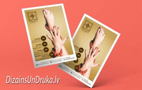 Skrejlapu drukāšana skaistumkopšanas salonam ar zelta dizainu un manikīra cenrādi