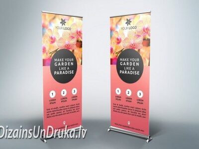 Divi reklāmas roll-up baneri ar ziedu dizainu kā lielformāta drukas piemērs