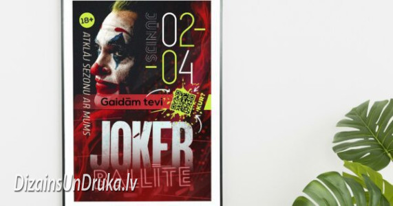 Large-format poster advertising a Joker party with QR code on a wall