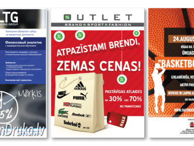 Trīs dažādi plakātu drukas paraugi: LTG, Outlet un basketbola dienas afišas