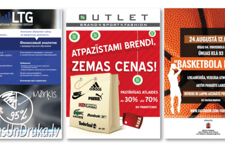 Trīs dažādi plakātu drukas paraugi: LTG, Outlet un basketbola dienas afišas
