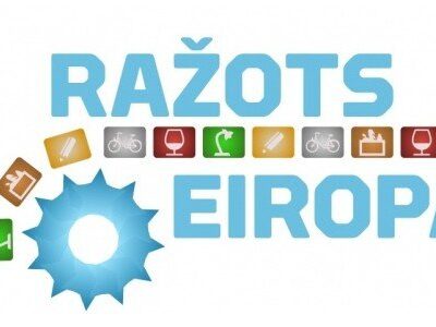 Raidījuma Ražots Eiropā logotips ar zobratu, ikonām un Dizains un Druka uzrakstu