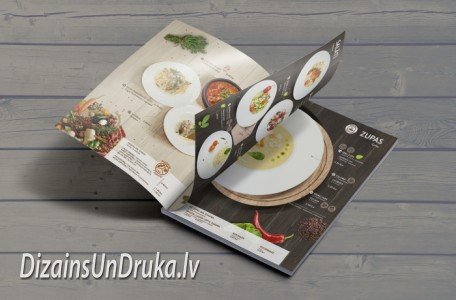 Open menu design sample for menu printing with soup and salad images on a wooden background